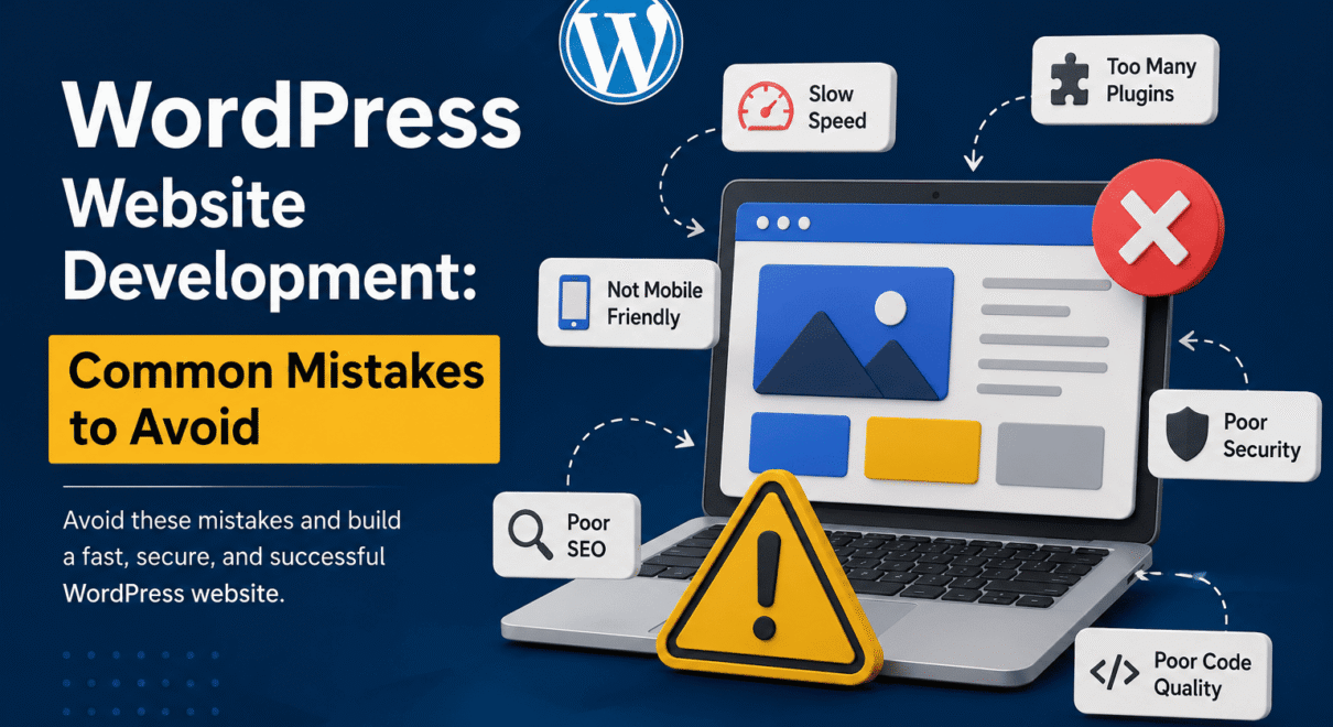 WordPress website development mistakes including poor SEO, slow speed, too many plugins, and weak security